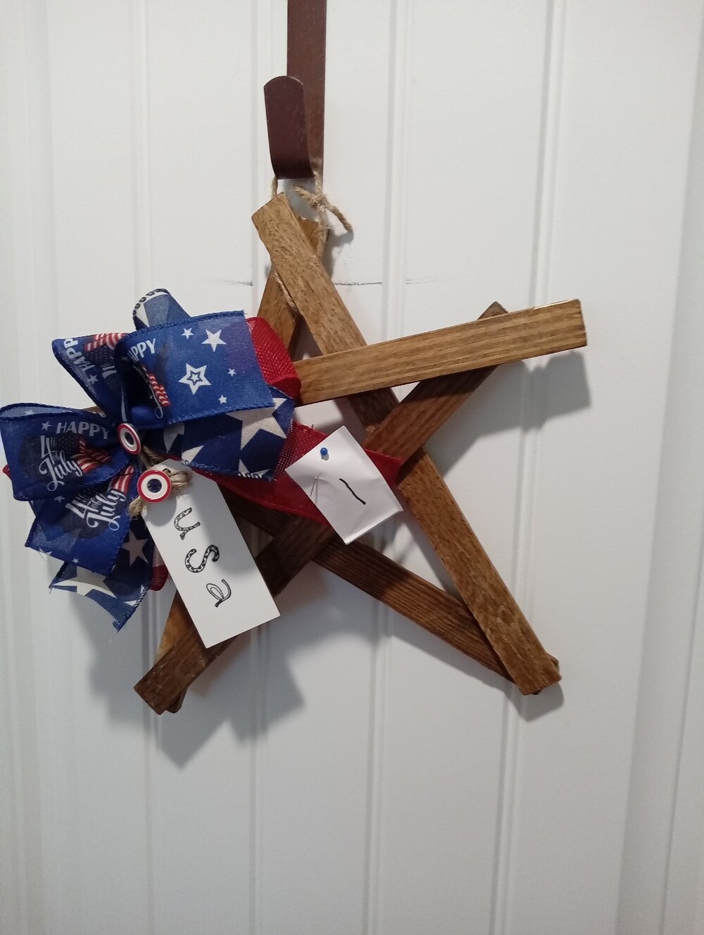 Patriotic Wooden Star Wreath/Door Hanger with USA Ribbon